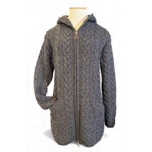 Inis Crafts Irish 100% Merino Wool Full Zip Cardigan Hood Size S Gray Cozy Gift